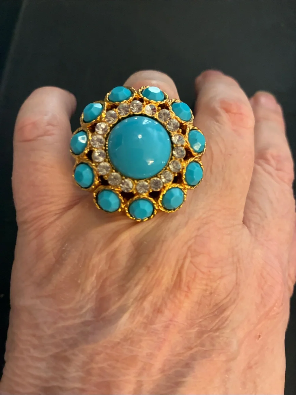 Turquoise Cabochon Statement Ring with Surrounding Clear Crystals